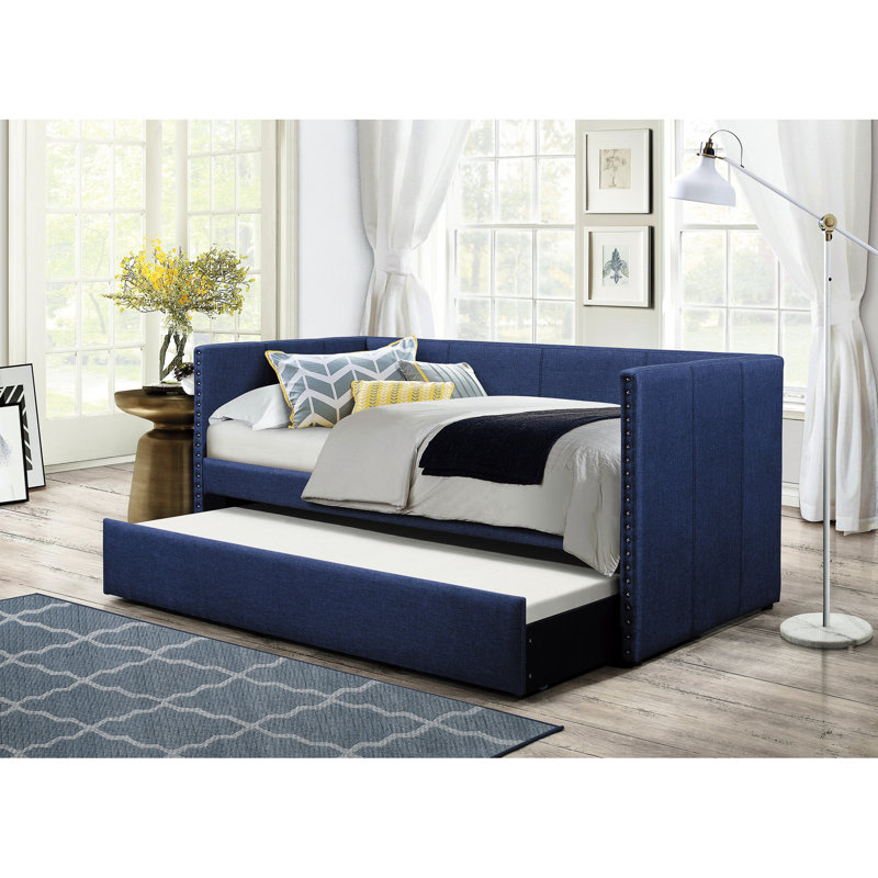 Lit de jour en bois avec revêtement bleu et lit gigogne pour meubles de chambre, revêtement, cadre,