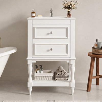 20'' Bathroom Vanity with Ceramic Sink, Bathroom Storage Cabinet with Open Shelf , Retro Design Bathroom Cabinet with 2 Drawers