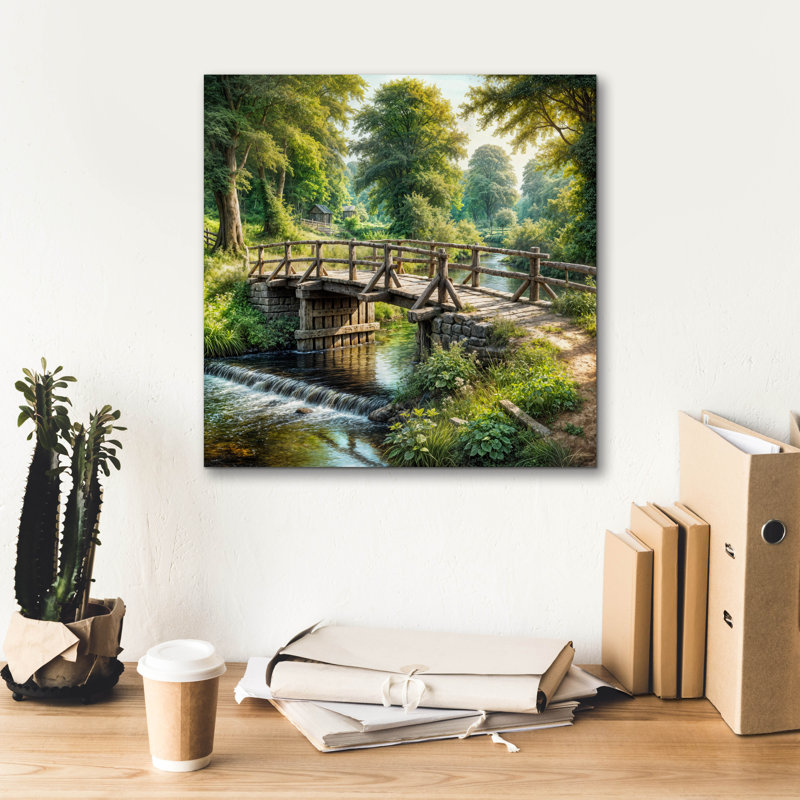 «Countryside Bridge Over Stream» par Rey Klimt, art mural sur toile, H 18 po x l 18 po