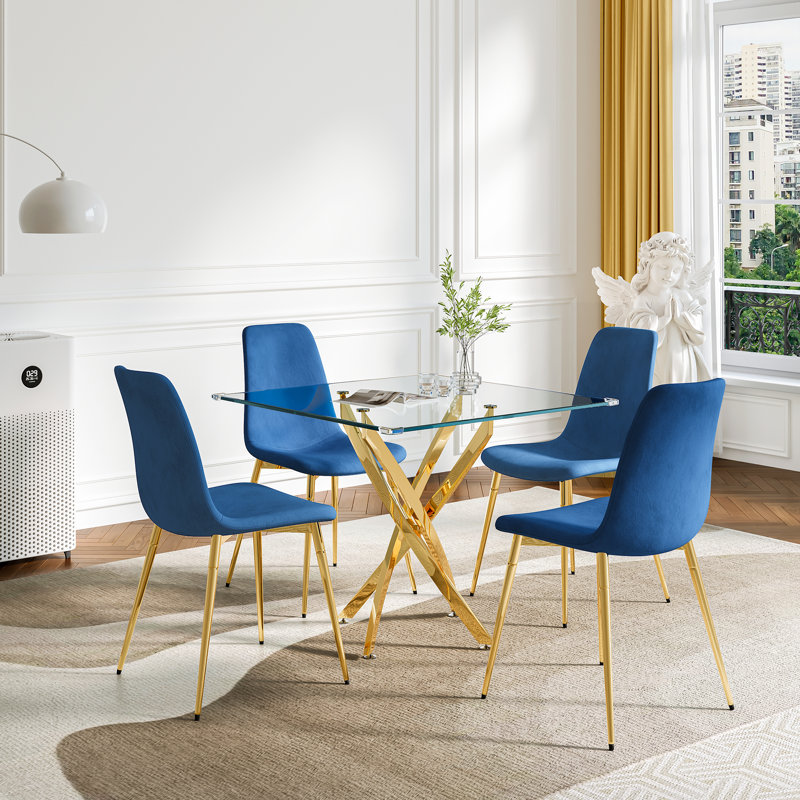 Square Glass Dining Table Set for 4, 36" Tempered Glass Top and 4 Velvet Upholstered Dining Chairs, Gold, Blue/Gold