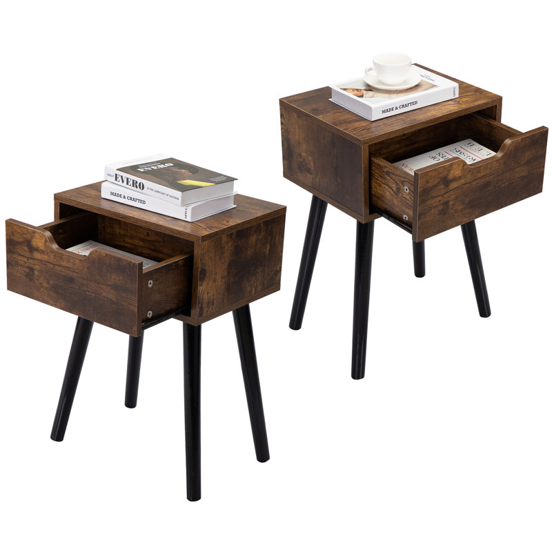 Ensemble de 2 tables d'appoint en bois de style Mid-Century, table de bout avec 1 tiroir de rangement, table de chevet pour le salon de la chambre à coucher, brun rustique et noir