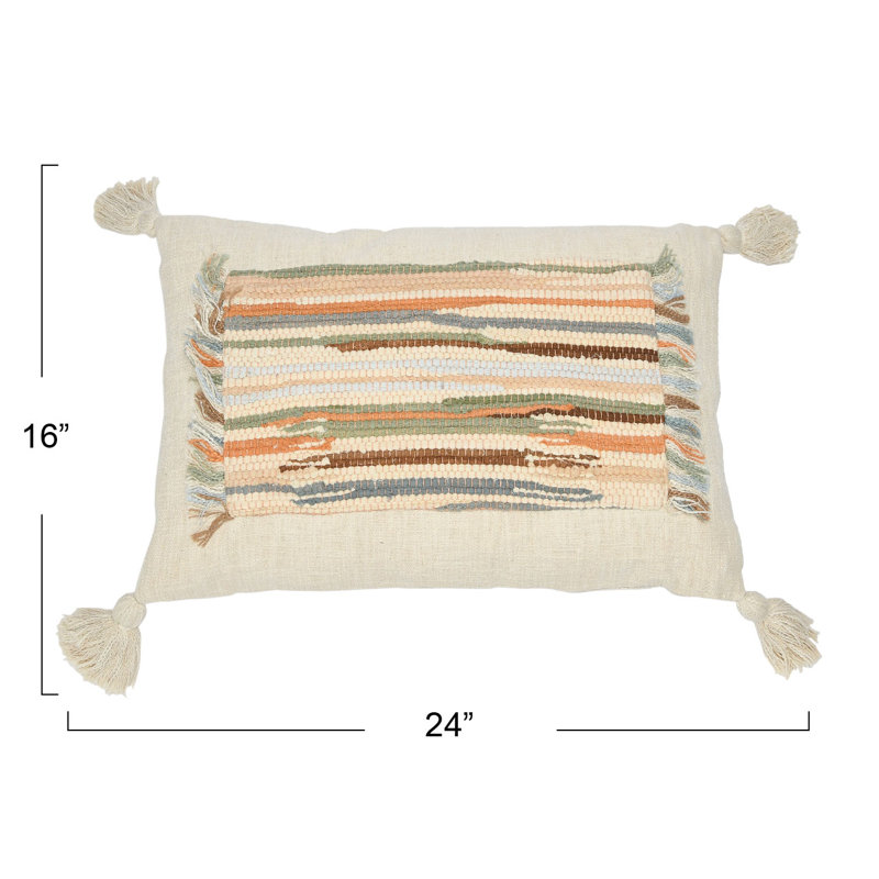 Coussin lombaire en coton tissé  avec appliques, franges et pompons