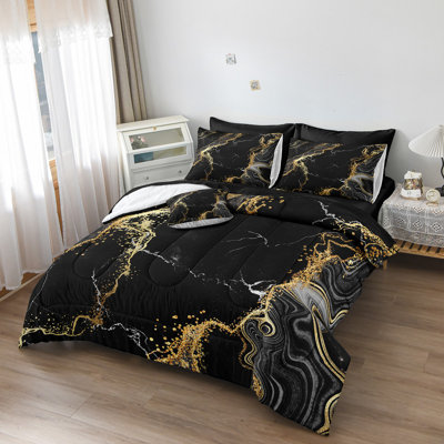 Marble Queen Comforter Set 8 Pieces,Black and Gold Queen Bed in a Bag,Modern Marble Texture Luxury Bed Set with Comforter, Pillowcase, Flat Sheet, Fitted Sheet and Cushion Cover