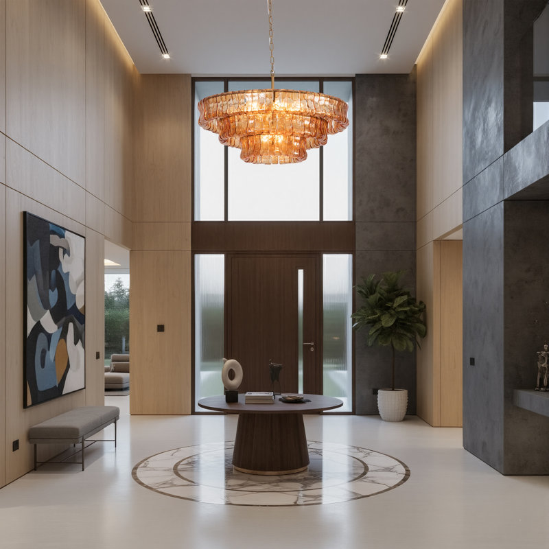 9-Light 32"W Polished Brass Modern Tired Chandelier with Hand-Blown Amber Glass for Dining Room or Living Room, Amber