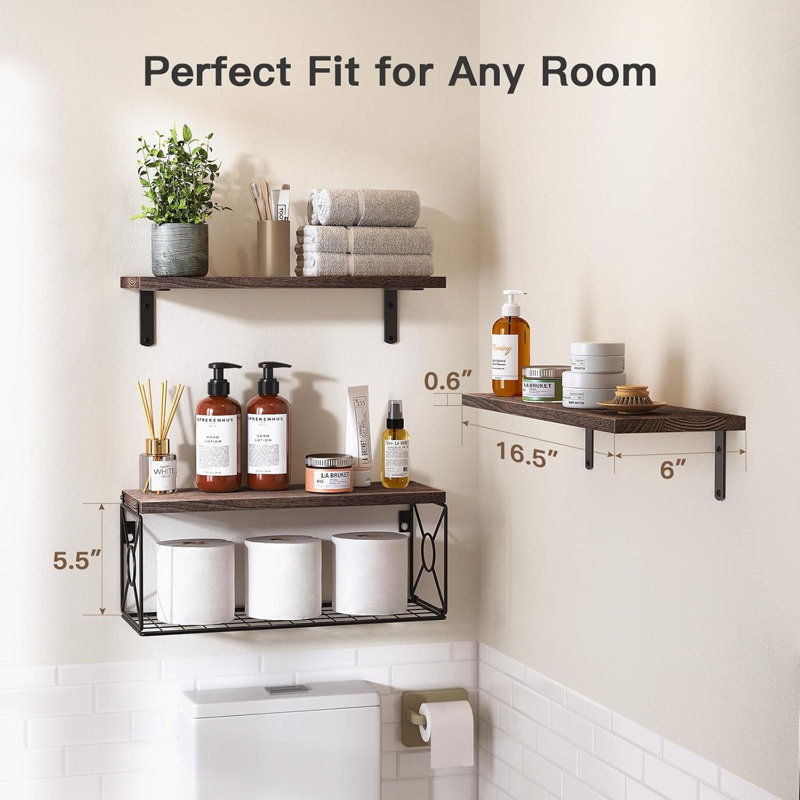 Floating Wall Shelves With Storage Basket, Space Saving Bathroom Shelves Over Toilet For Home Organization In Bathroom, Kitchen, Living Room