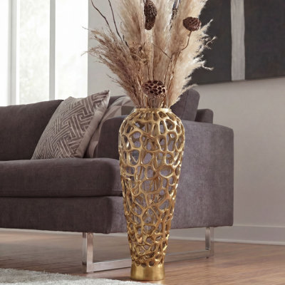 Gold Aluminium Floor Vase, Tall Round XXL Modern Vase for Dried Flowers