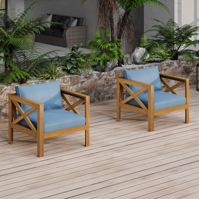  Ensemble de 2 fauteuils d'extérieur en bois d'acacia avec coussins bleus et finition teck