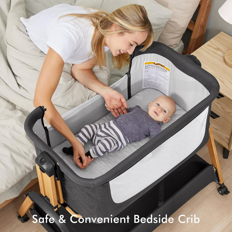Bassinet Bedside Sleeper, Bassinets à bascule avec matelas confortable et roues pour nouveau-né, réglable en hauteur de 5 po (noir)