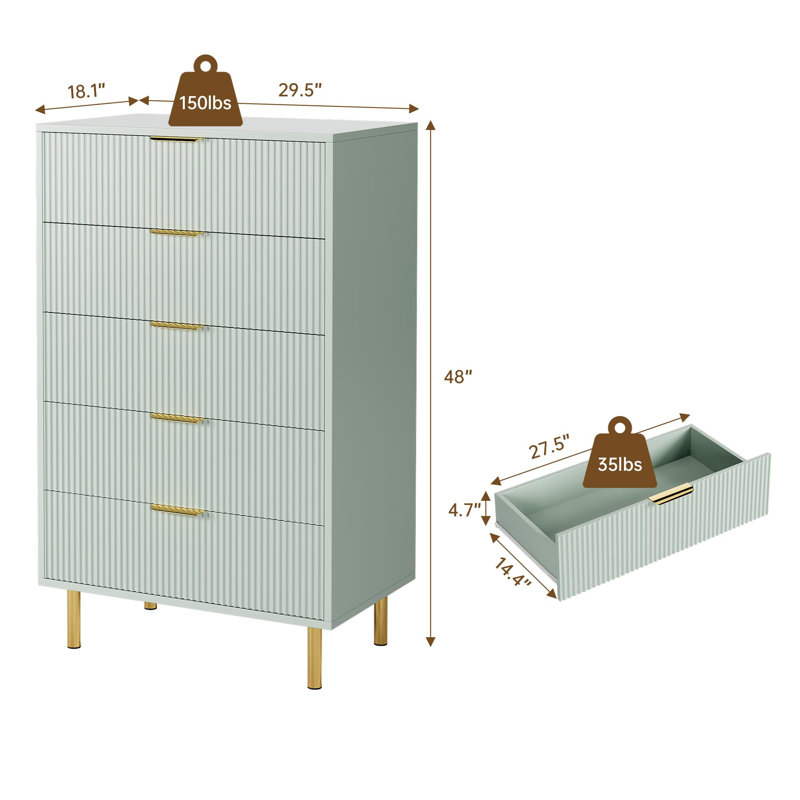Commode naturelle à 5 tiroirs pour chambre à coucher avec poignée dorée et grand tiroir Natural, commode double en bois, Vert