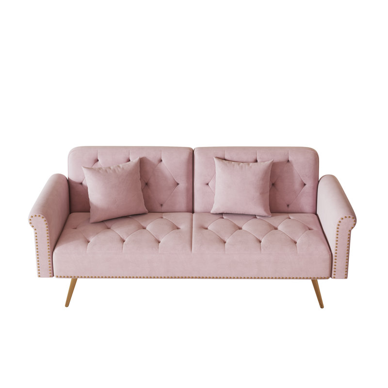 Canapé convertible en velours 69 po, canapé-lit futon avec 2 coussins carrés, dossier réglable pour le salon, Pink