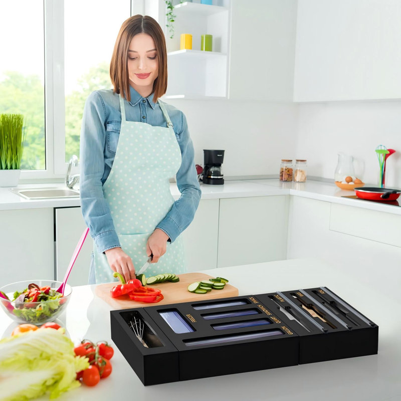 Organisateur de tiroir de sac de rangement en bambou 9 IN1 avec coupe, distributeur de papier d'aluminium et de plastique pour le rangement de la cuisine - Noir