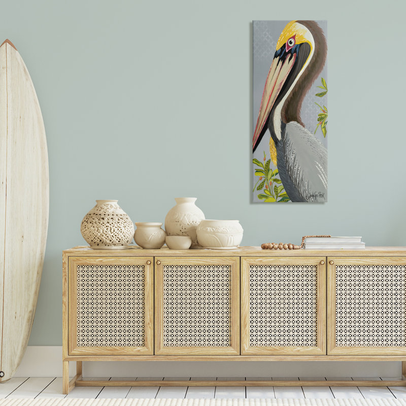 Pélican sur toile grise par Jennifer Peck, H 48 po x l 20 po