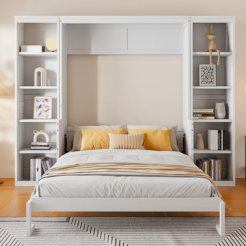 Lit escamotable Azfar avec bureau et bibliothèque, Grand, Blanc