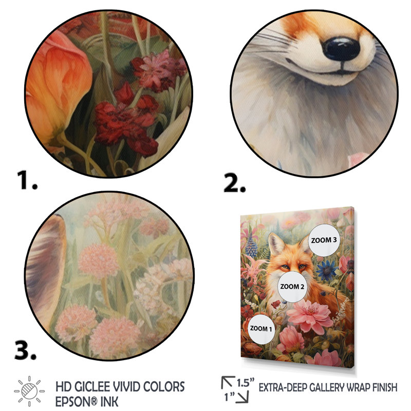 Mignon renard orange dans un champ de fleurs, H 20 po x l 12 po x P 1 po, Cadre flottant blanc