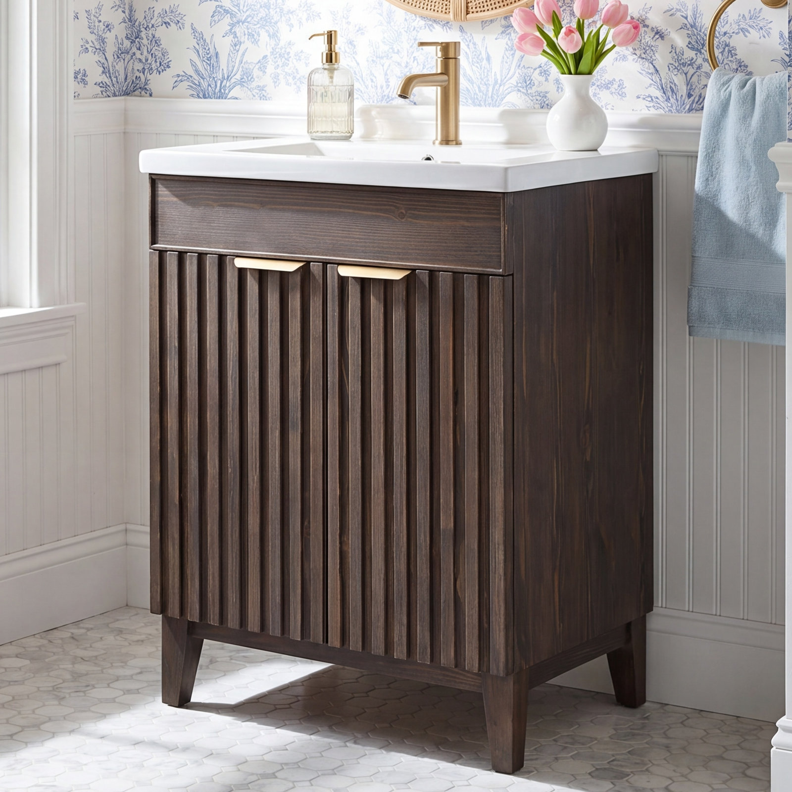 Dansfield 24'' Single Bathroom Vanity, Spruce Antique Brown, Brushed Gold
