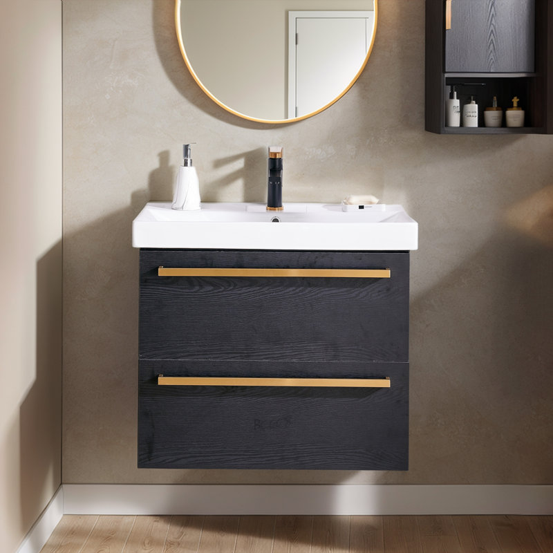 30" Modern Wall-Mounted Single Bathroom Vanity With 2-Drawers, Black, Gold