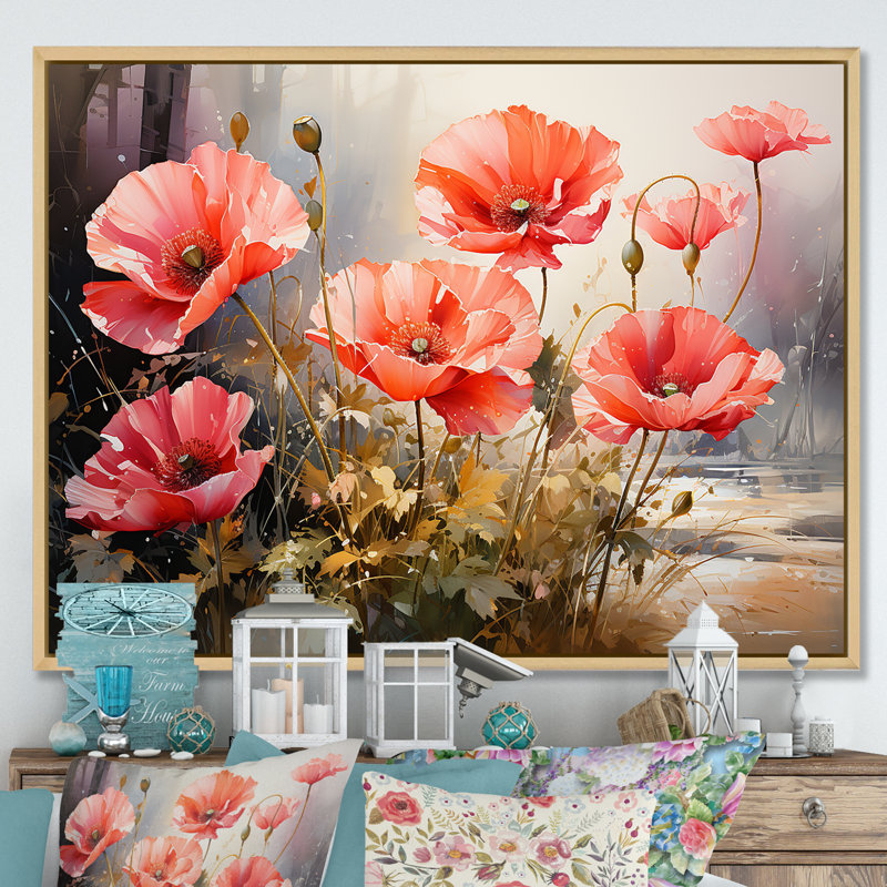 «Red and Green Poppy Reverie III», art mural coquelicots, Cadre flottant brun, H 30 po x l 40 po x P 1,5 po