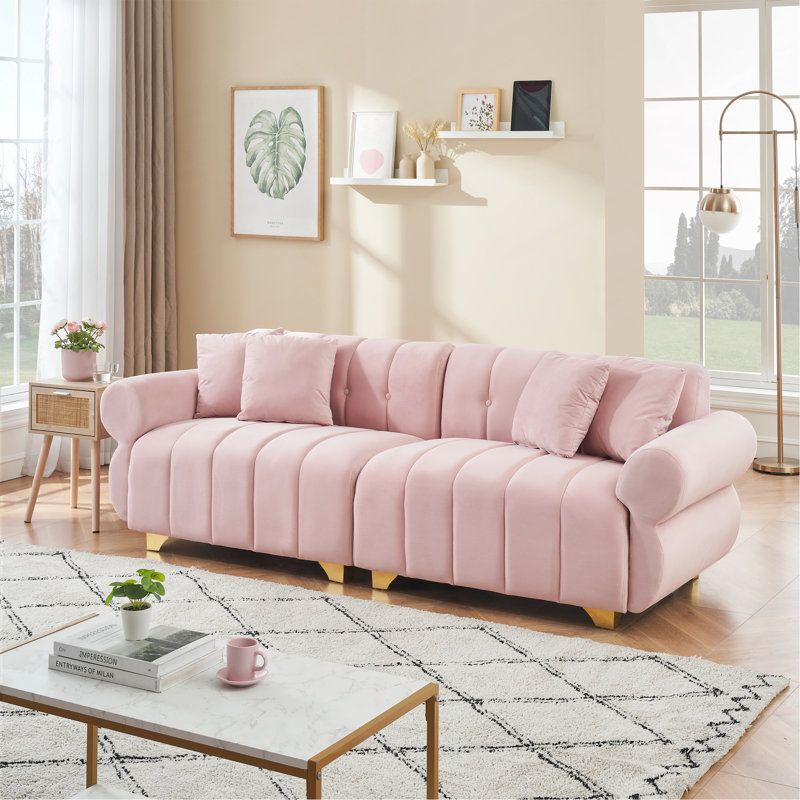 89-Inch Spring-Wrapped Cushions, 3 Flannelette Sofas, Stylish Metal Feet And 4 Throw Pillows Make For A Modern Living Room Bedroom
