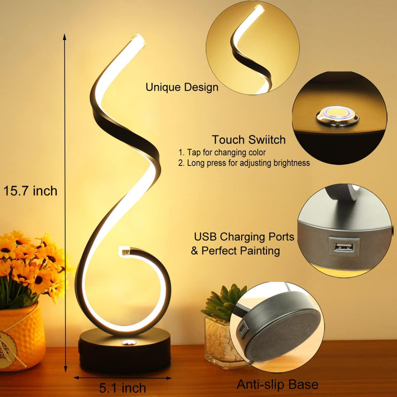 Lampe de table spirale à DEL avec port de charge USB, commande tactile à intensité variable, 3 modes de couleur, design moderne pour la chambre à coucher, le salon et le bureau