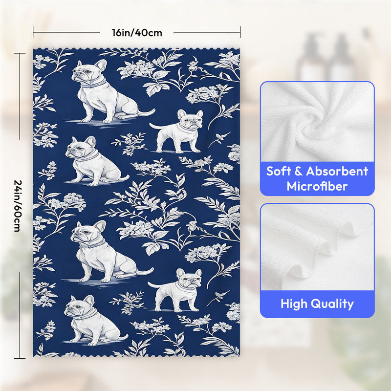  Linges de cuisine en microfibre, linges à vaisselle réutilisables absorbants, décoratifs résistants à la décoloration, 16 po x 24 po, motif de chien français bleu marine