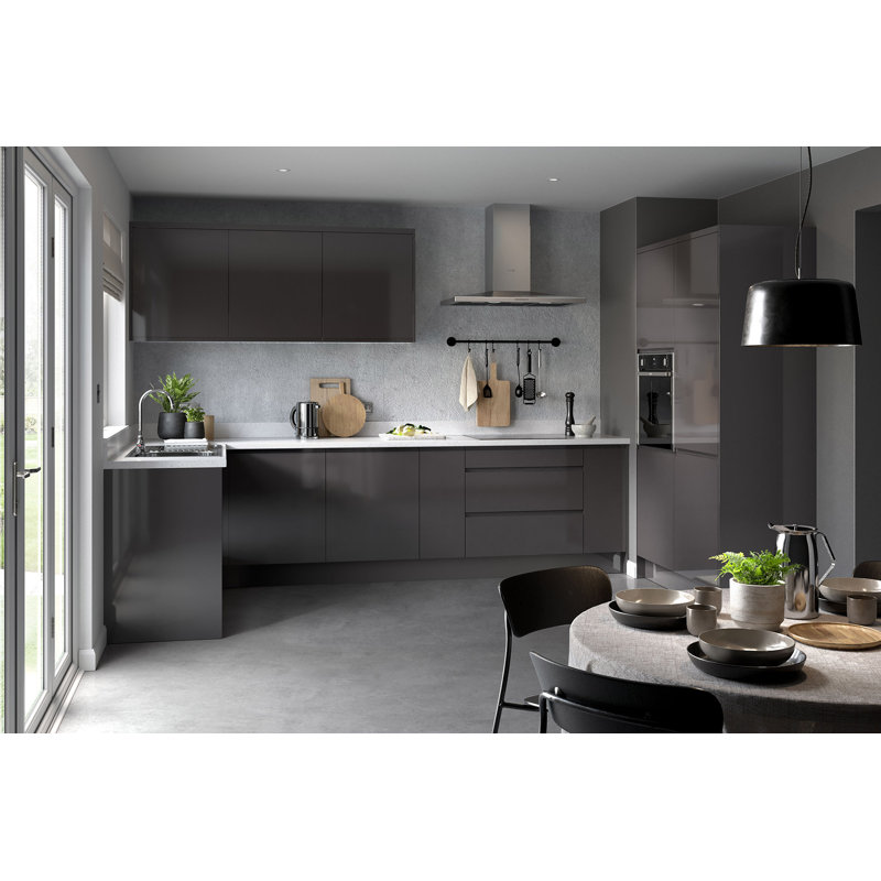 KitchenKit Flatpack J Pull Gloss Base Unit Sink, Graphite