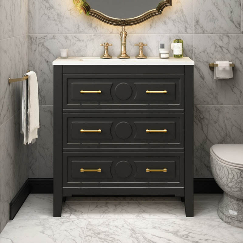 Meuble-lavabo autoportant 30 po avec lavabo en céramique 30 po, 3 tiroirs, structure en bois massif, Noir, Doré