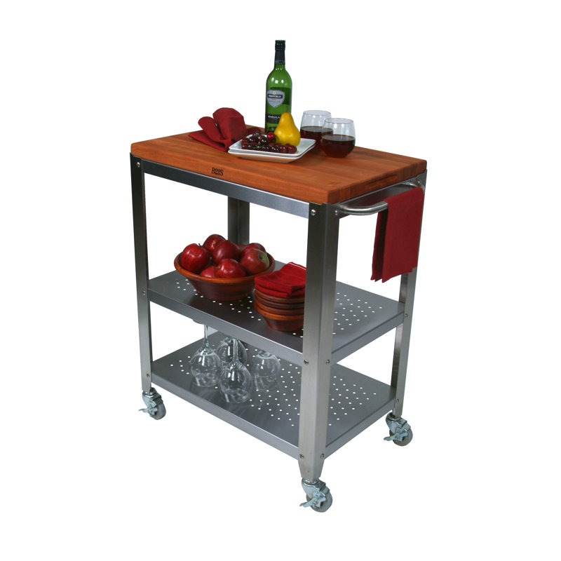 Effingham Cherry and Stainless Steel Butcher Block Kitchen Cart