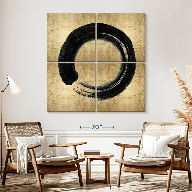 Avery, cercle zen noir sur fond doré I, H 57 po x l 57 po