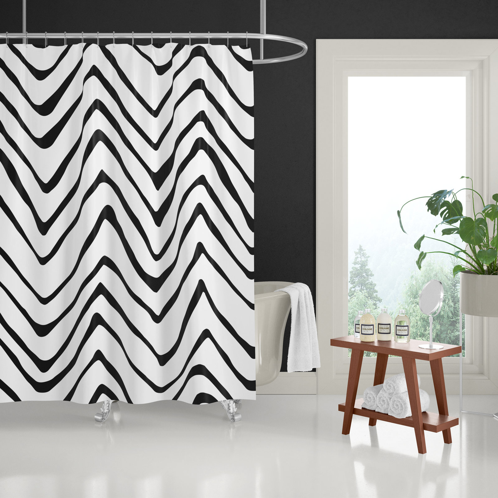 Polyester Shower Curtain, White/Black
