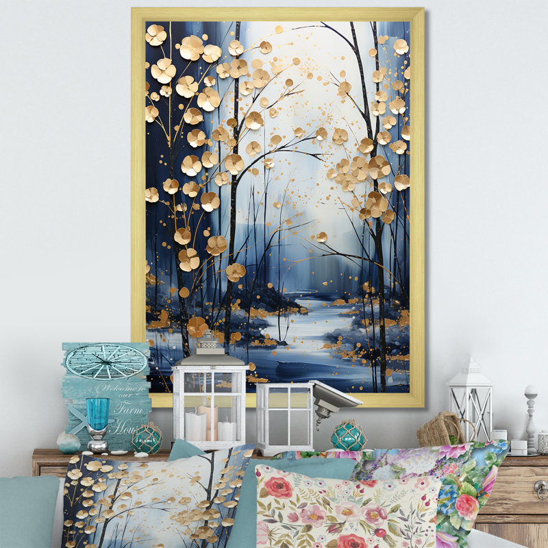 Gold And Blue Maple Tree Winter Forest II - Tree Maple Wall Art, Gold Single Picture Framed, 32" H x 24" W x 1" D