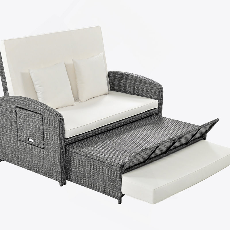Chaise longue double en rotin PE pour 2 personnes avec dossier réglable en hauteur, Blanc