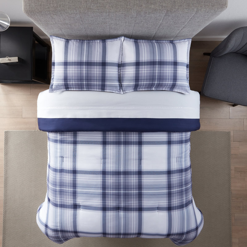 King Blue Microfiber Plaid Bed in a Bag Set