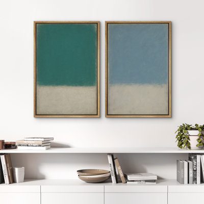 Minimalist Abstract Colour Block Wall Art Set of 2 - Teal and Sky Blue Modern Prints in Frames, Contemporary Art for Bedroom or Office Decor