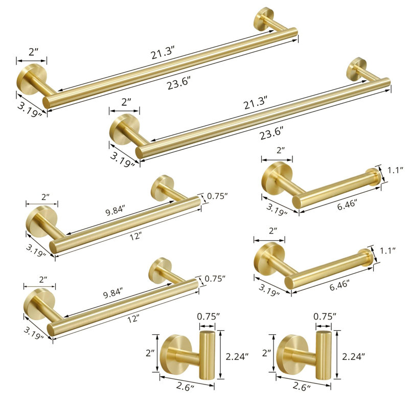 Ensemble de quincaillerie de salle de bain murale en acier inoxydable (8 pièces), Or brossé