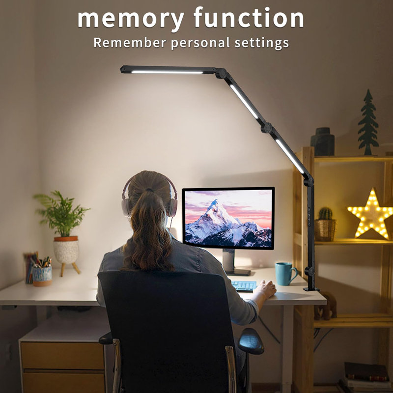 LED Desk Lamp with Clamp Flexible 4 sections Swing Arm Three light sources desk light, 4 Colour Modes & 5 Brightness, Eye Caring Led table light with Memory Function for table lamps for office