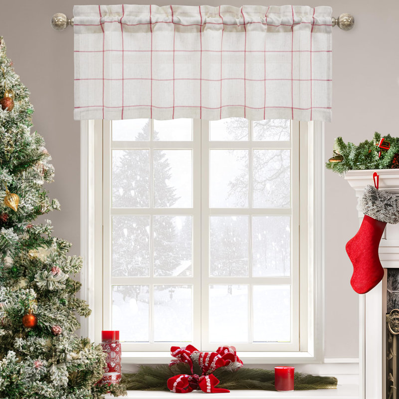 Windowpane Plaid Linen Textured Small Window Valance for Kitchen Bedroom Light Filtering Valance, 52" W x 14" L