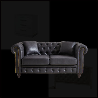 Sofas | 63.5'' Contemporary Chesterfield Tech Fabric Button Tufted Sofa with 2 Pillows, Dark Brown Wooden Legs for Living Room | Fabric | Standard