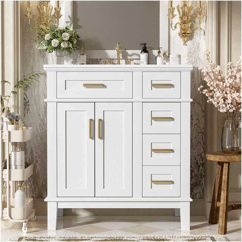 Meuble-lavabo de 30 po avec lavabo en céramique, armoire de rangement moderne avec portes à fermeture douce, tiroir profond et tiroir standard, meuble-lavabo élégant pour les petites salles de bain