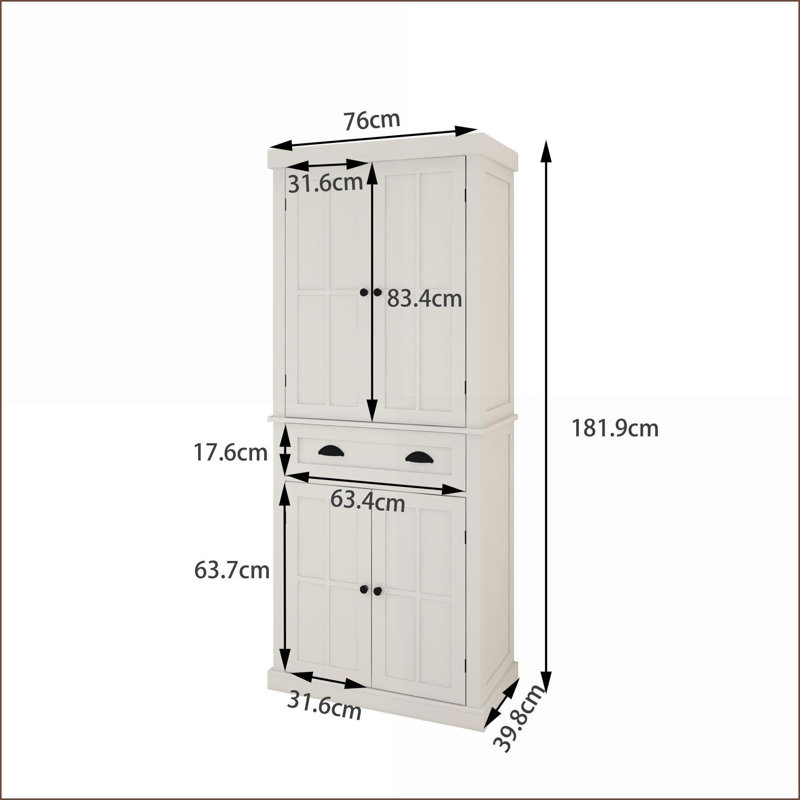 Armoire de rangement pour garde-manger 71 po avec 4 portes, tiroir et 2 tablettes réglables Cabinets, autoportante pour salle à manger / salon / salle de lavage, blanc neige | Moderne | Panneau de fibres à densité moyenne