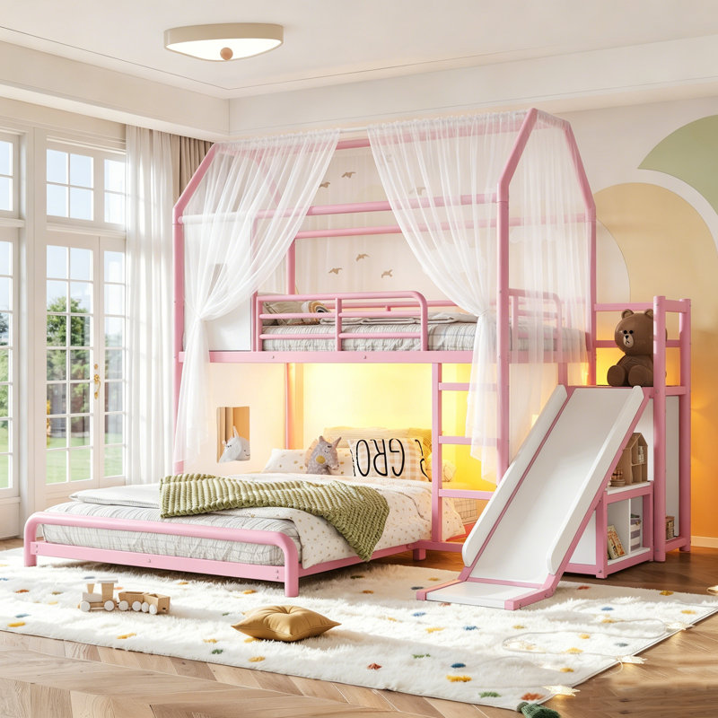 Lit superposé en métal avec glissade, échelle, lumière DEL, rideau et armoire de rangement, rose, Jumeaux sur complet, Rose
