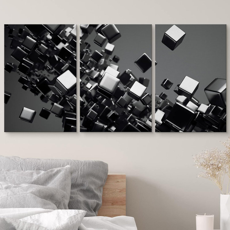 Industrial Machinery Glam Black Cubes Abstract Background Modern Neutral Gray Contemprory Wall Decor, Wrapped Canvas