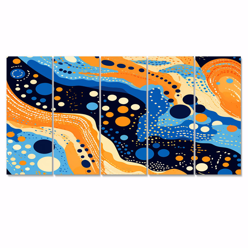 Vagues d'ethnie océaniques abstraites - Art mural abstrait sur toile 5 pièces, H 28 po x l 60 po