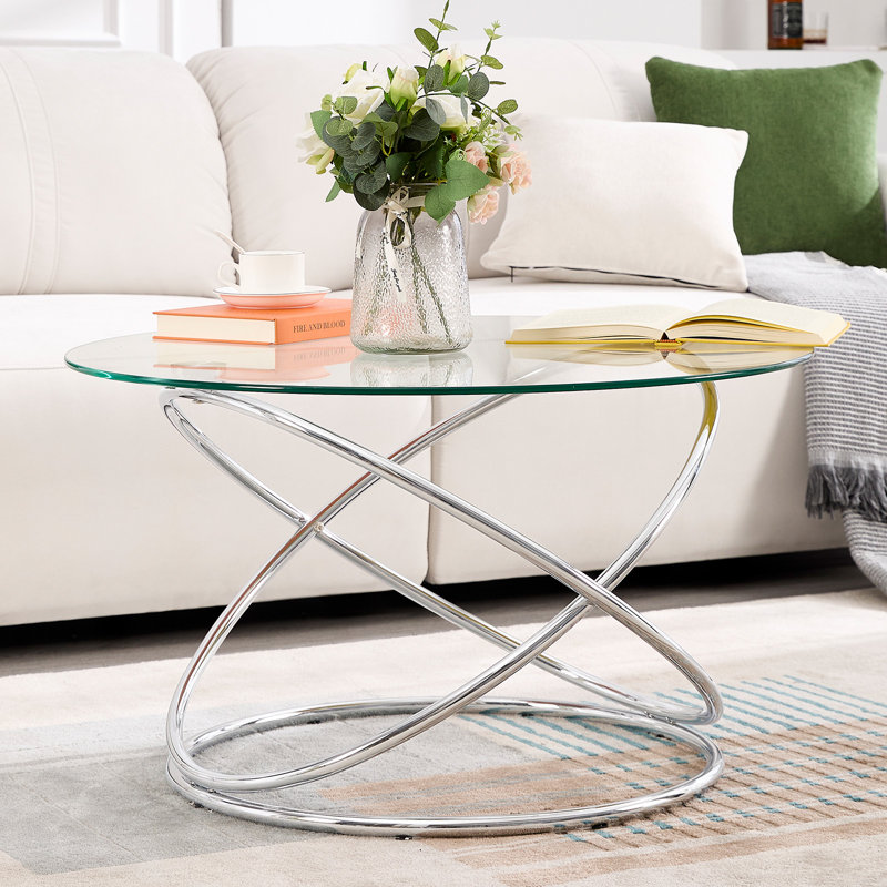 Table basse en verre trempé 31,5 po avec cadre en métal plaqué Jefre, Argent argent
