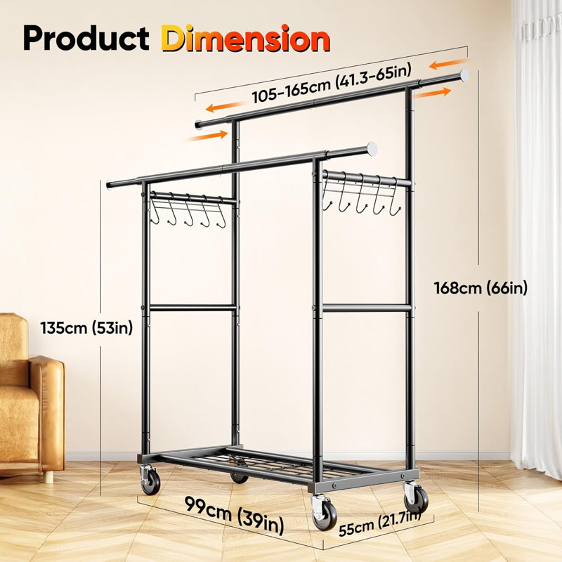 Double Rail Freestanding Clothes Rack, with Mesh Board and Side Hooks