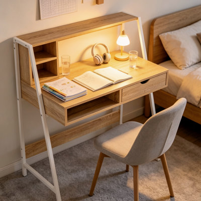 Natural Finish Compact Writing Computer Desk With Drawer And Open Storage Shelves Multipurpose Workstation For Small Space Home Office Dormitory Apartment