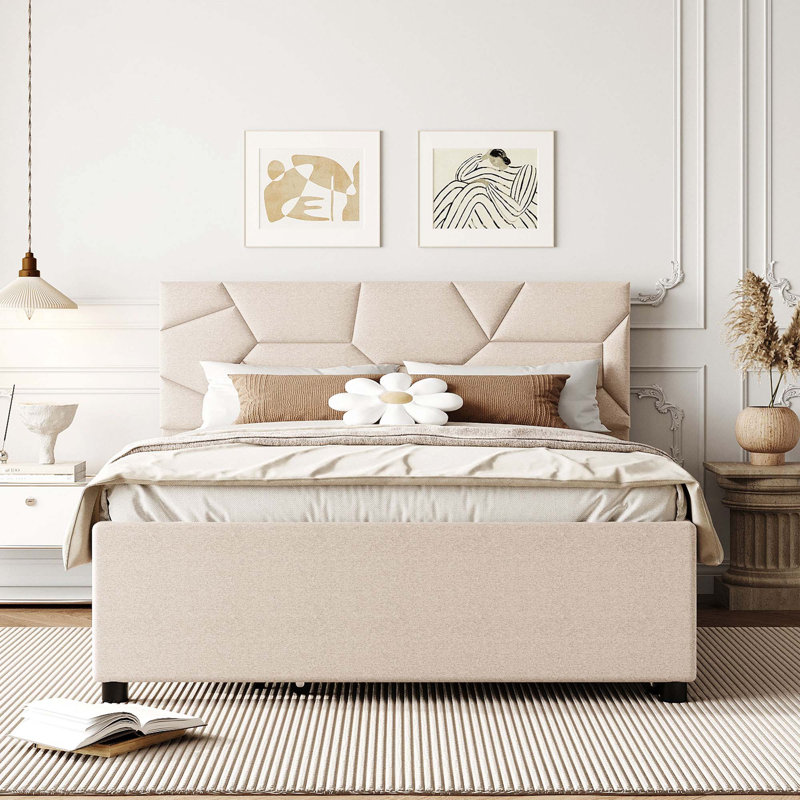 Lit plateforme tapissier avec lit gigogne, Beige, Double