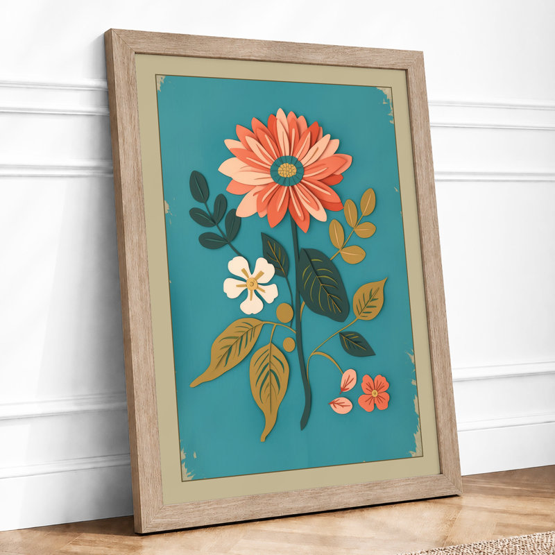 Coral Bloom Folk Art Botanical - Framed Print, Oak, A3 - 42.0 x 29.7 cm