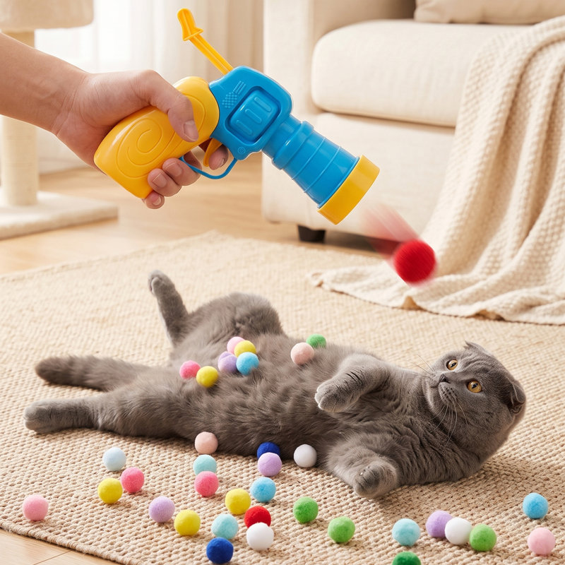 Interactive Cat Launcher Toy with Soft Pom Pom Balls