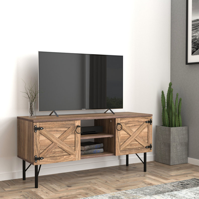 Meuble télé de style rétro avec 2 armoires, console de divertissement en bois noyer