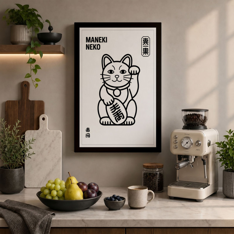 Lucky Beckoning Cat Japandi 1 Piece Wrapped Canvas Wall Art, 18x12 - 45.7 x 30.5 cm, Teal Border